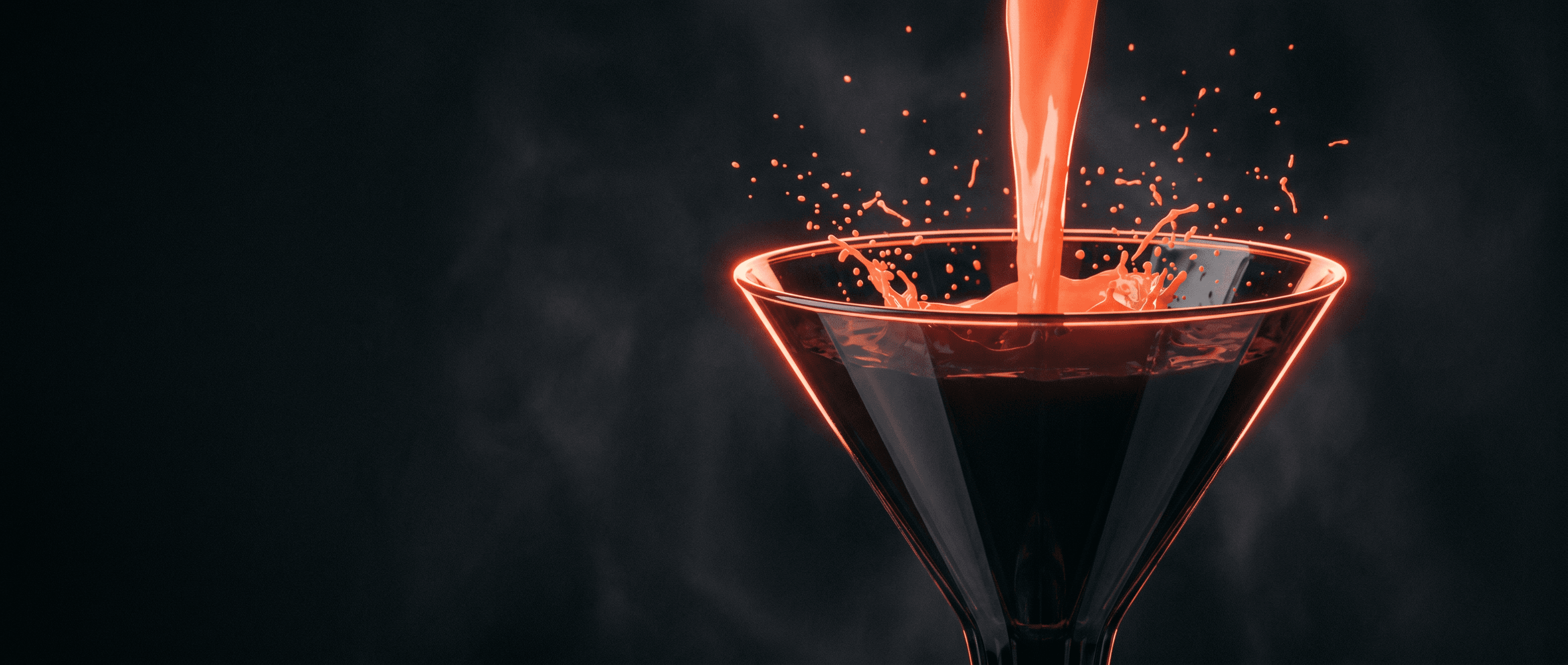 Molten coral liquid pouring into a dark obsidian glass funnel