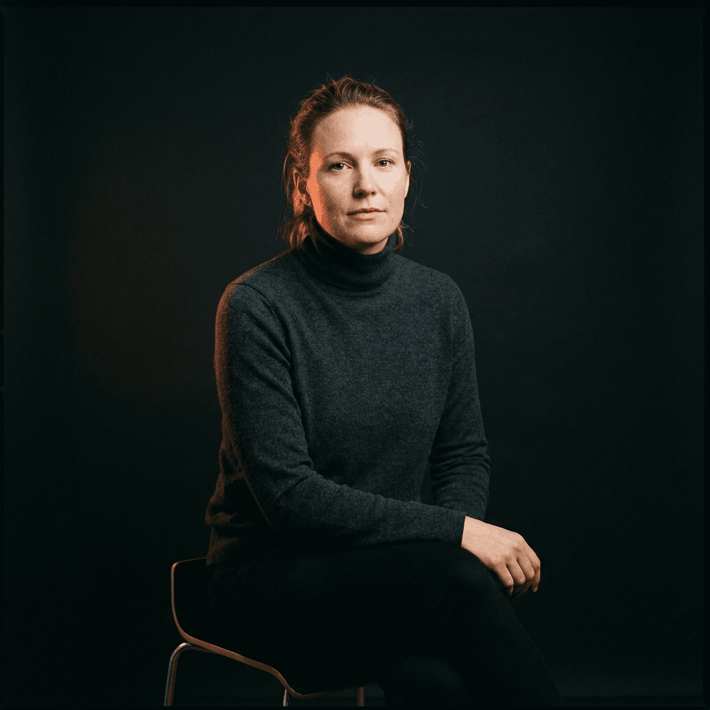 Portrait of Maren Østergaard against a dark studio backdrop