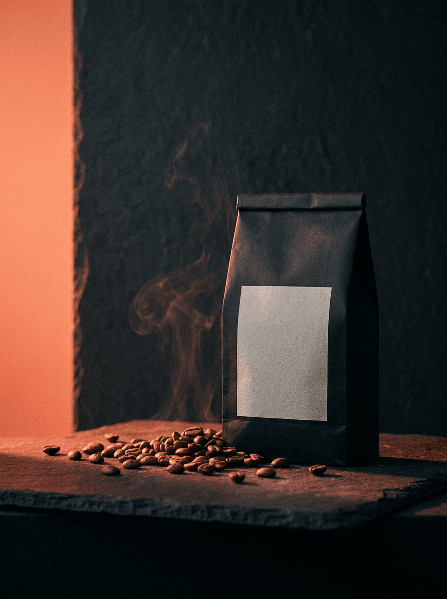 Matte black coffee bag on dark slate lit by a warm coral light