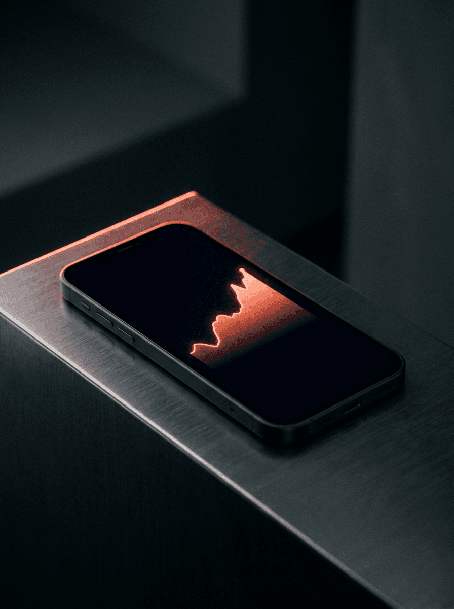 Smartphone on brushed steel showing a glowing coral chart