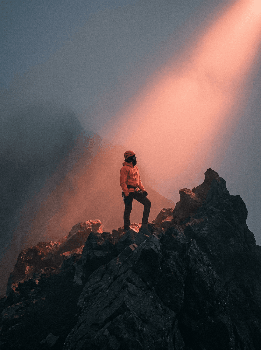 Climber in a coral shell jacket on a foggy volcanic ridge