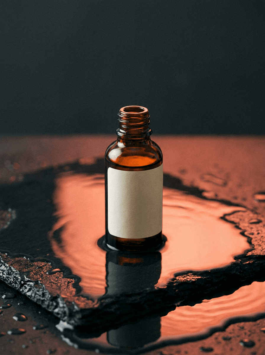 Amber serum bottle on wet black stone with coral reflections